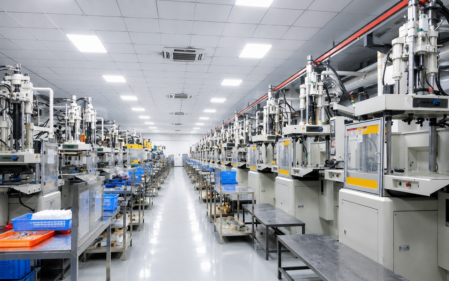 LSR injection molding workshop — 85T / 120T / 160T vertical machines in a class-100,000 cleanroom