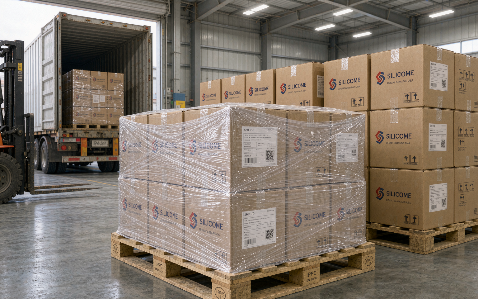 Export packing zone — cartons palletized and ready for container loading