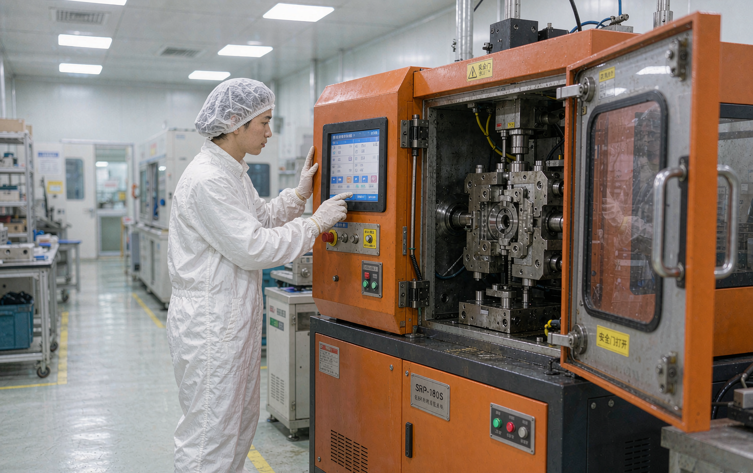 Cleanroom operator running liquid silicone molding machine